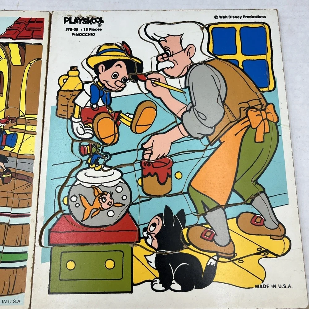 2 Vintage Playskool Walt Disney‎ Wooden Puzzles Pinocchio